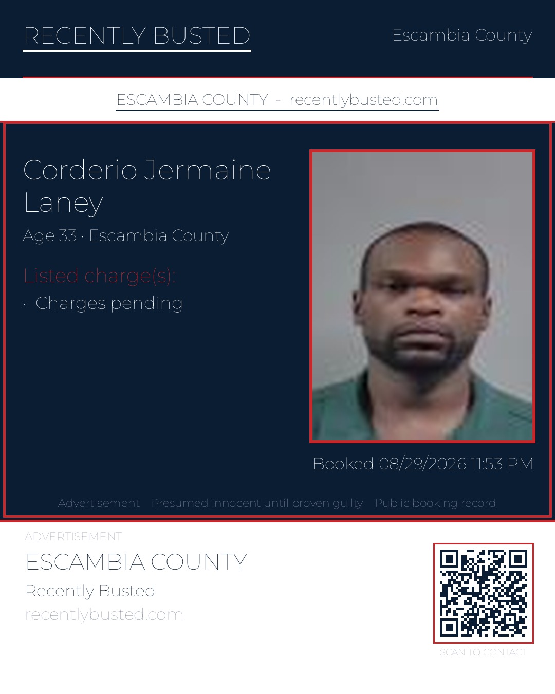 Corderio Jermaine Laney — arrest record card, Escambia County, Florida