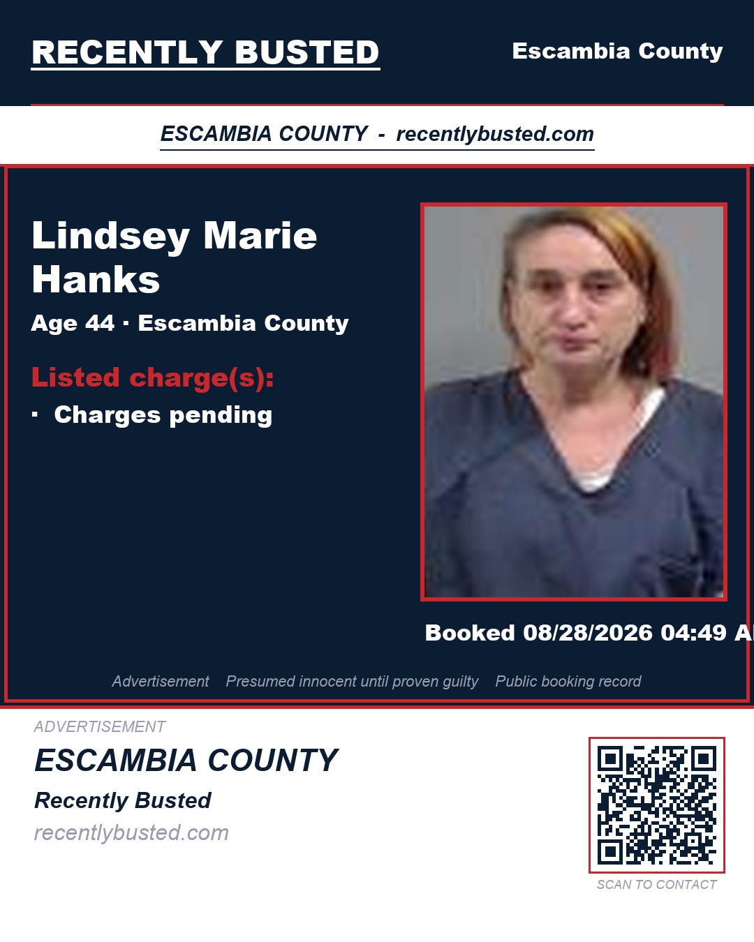 Lindsey Marie Hanks — arrest record card, Escambia County, Florida