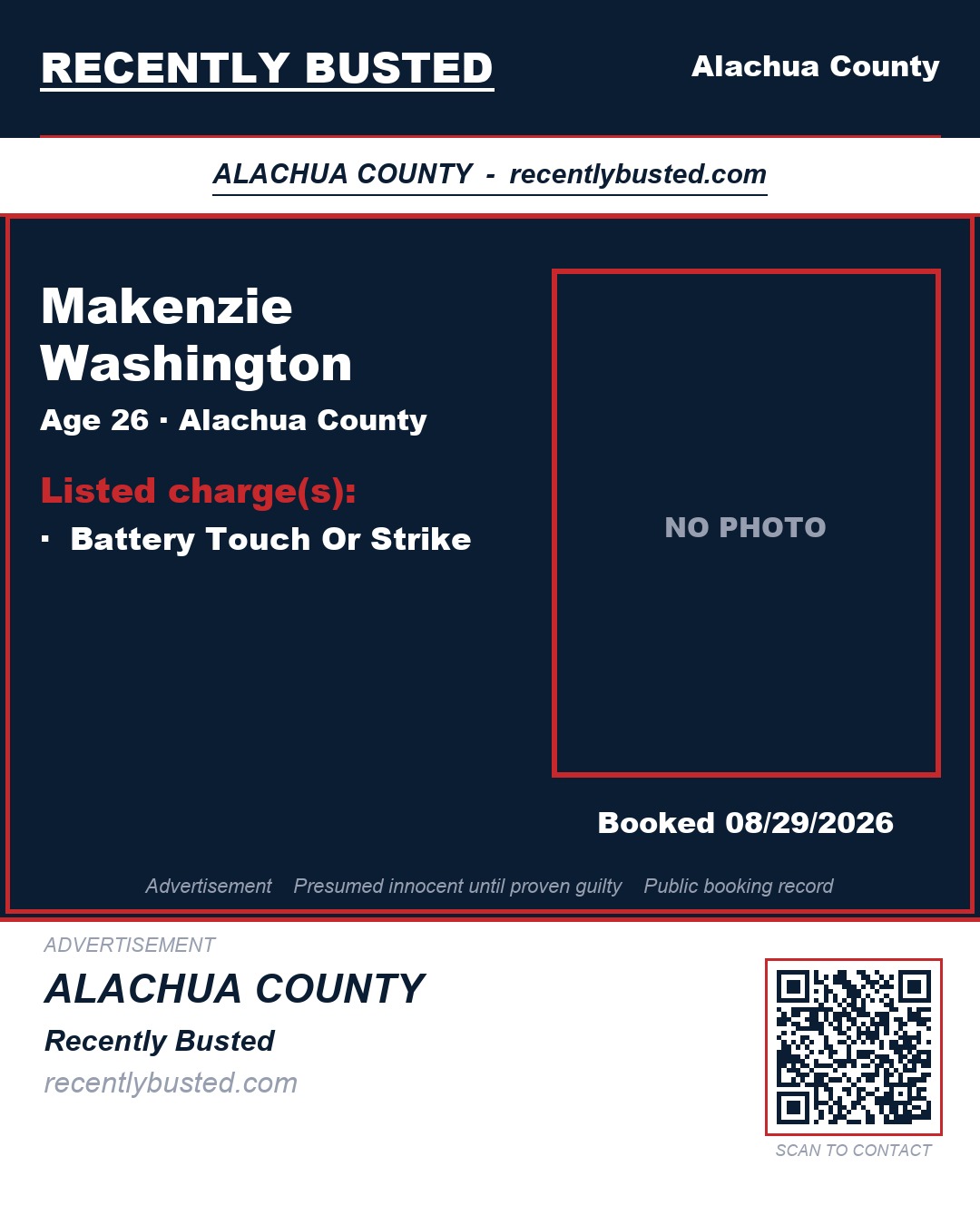 Makenzie Washington — arrest record card, Alachua County, Florida