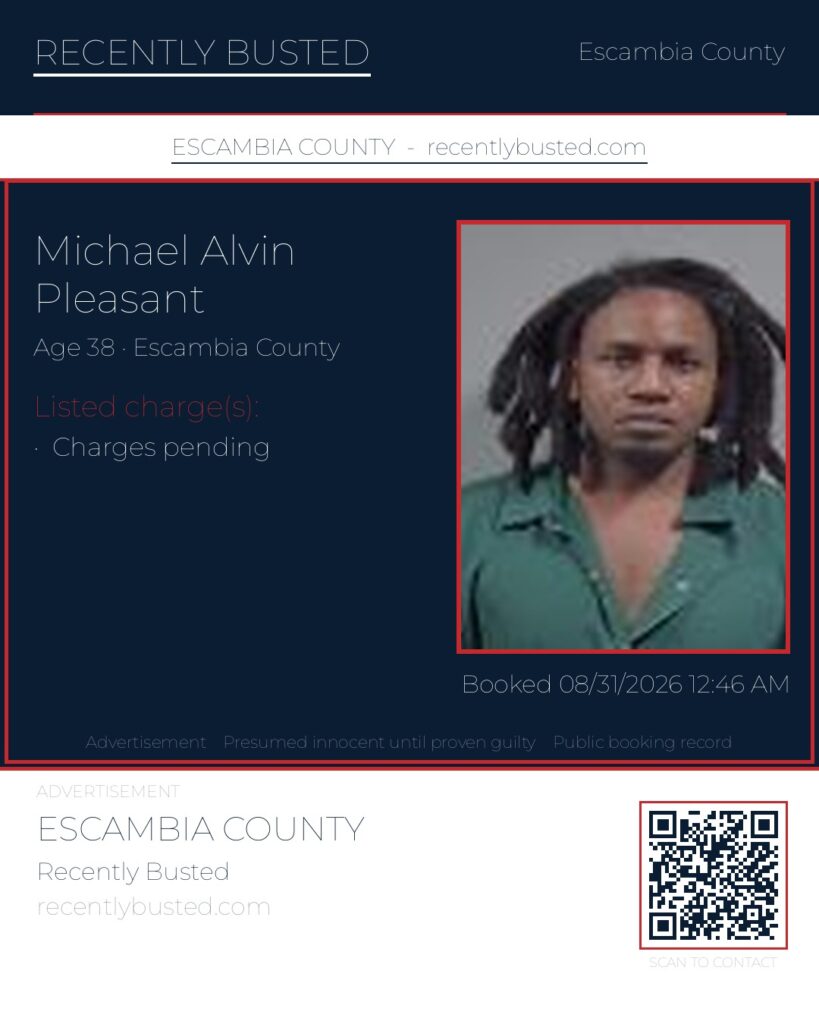 Michael Alvin Pleasant — arrest record card, Escambia County, Florida