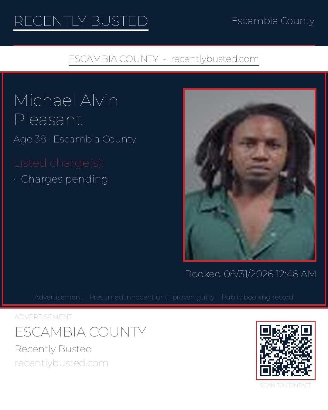 Michael Alvin Pleasant — arrest record card, Escambia County, Florida