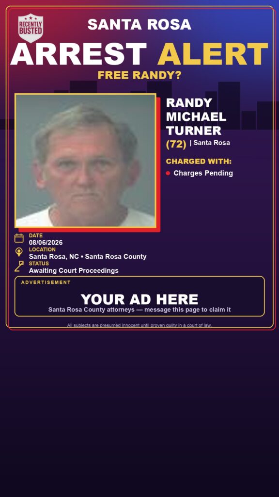 Randy Michael Turner — arrest record card, Santa Rosa County, Florida