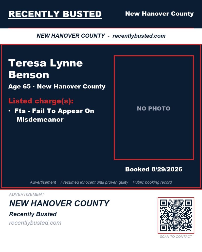 TERESA LYNNE BENSON — arrest record card, New Hanover County