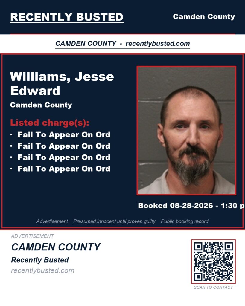 Williams, Jesse Edward — arrest record card, Camden County