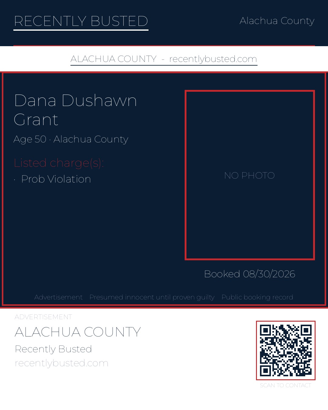 Dana Dushawn Grant — arrest record card, Alachua County, Florida