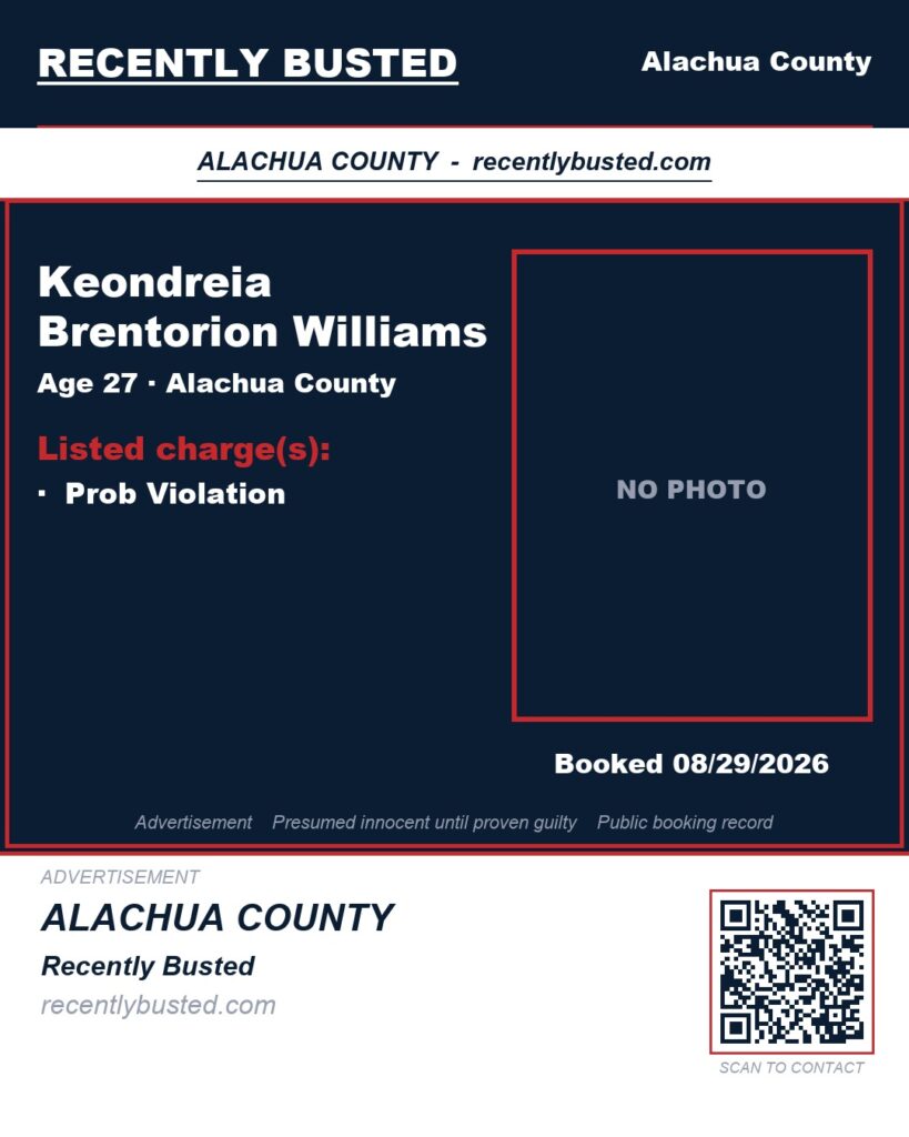 Keondreia Brentorion Williams — arrest record card, Alachua County, Florida