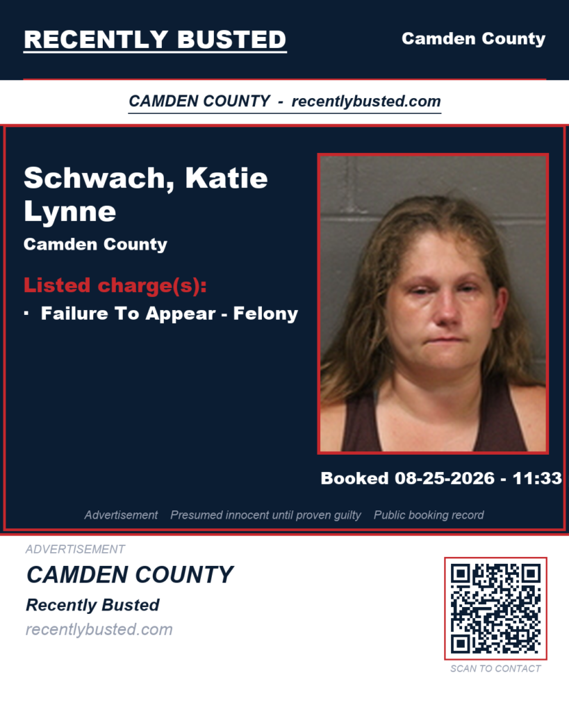 Schwach, Katie Lynne — arrest record card, Camden County