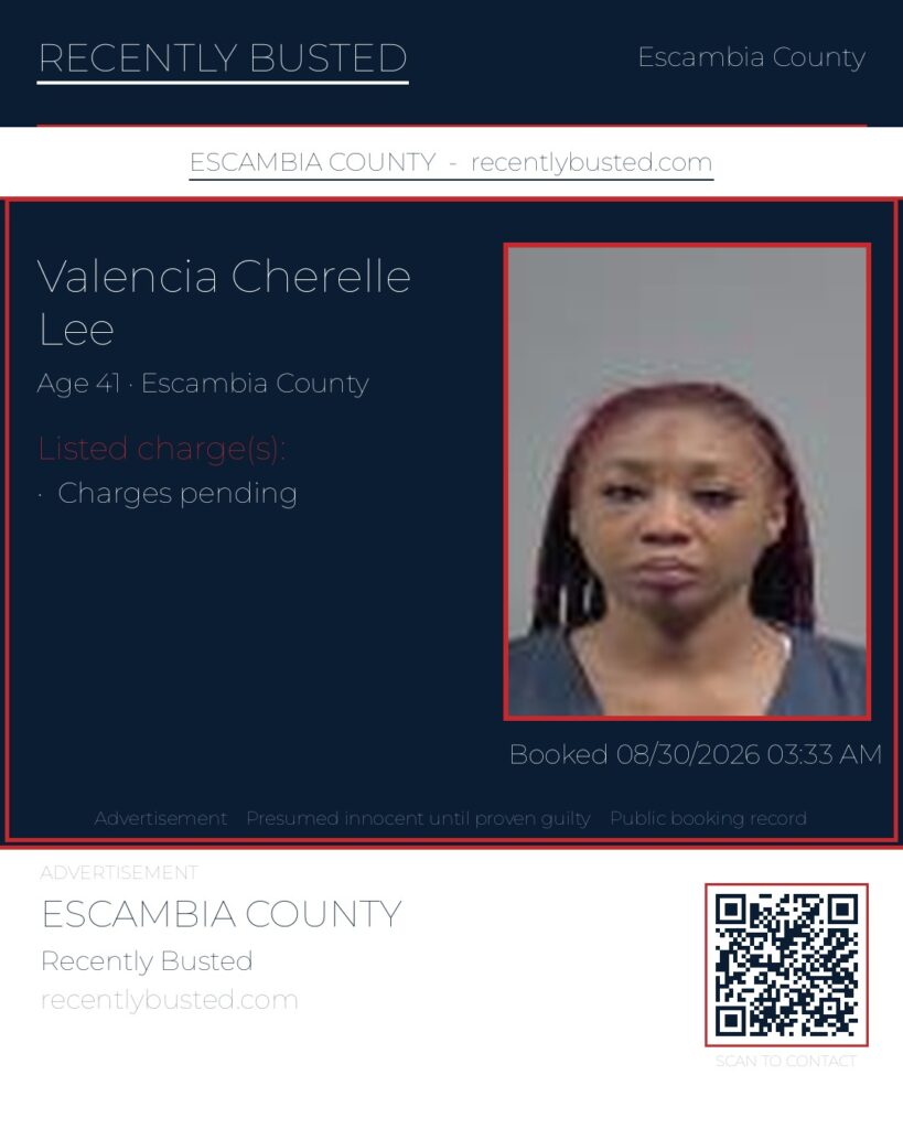 Valencia Cherelle Lee — arrest record card, Escambia County, Florida