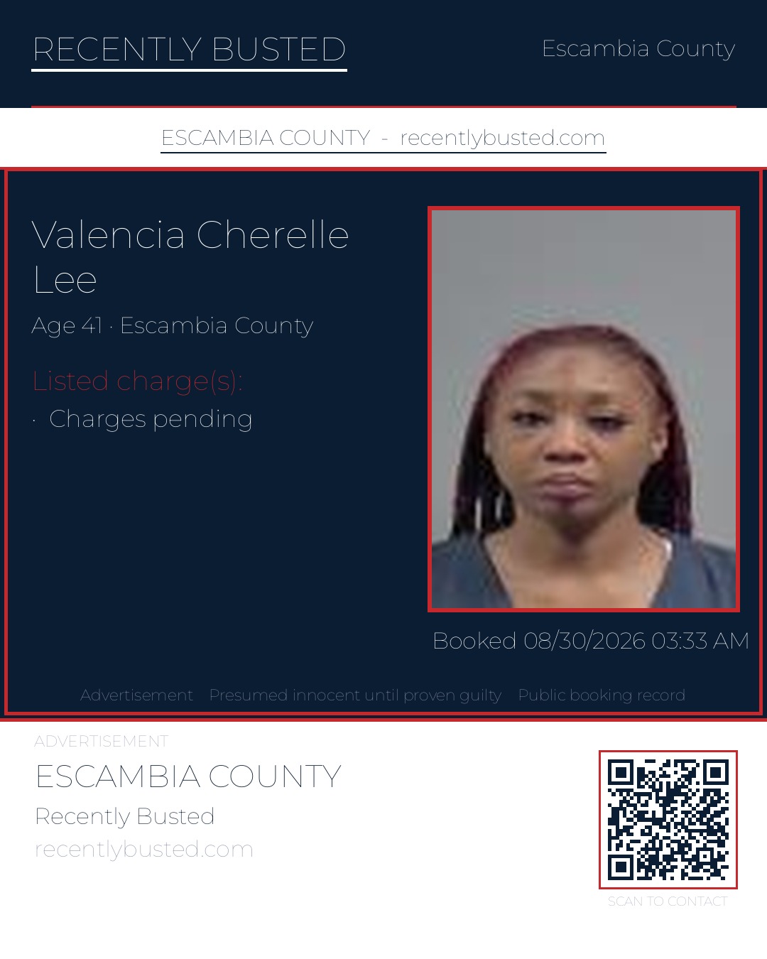 Valencia Cherelle Lee — arrest record card, Escambia County, Florida