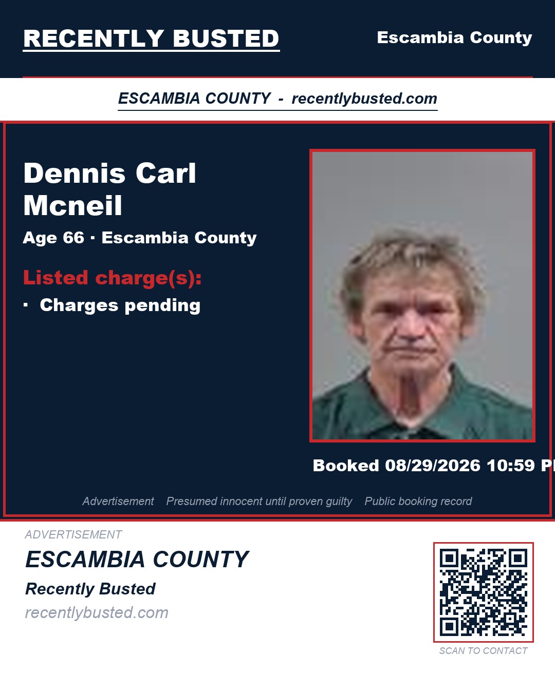 Dennis Carl Mcneil — arrest record card, Escambia County, Florida