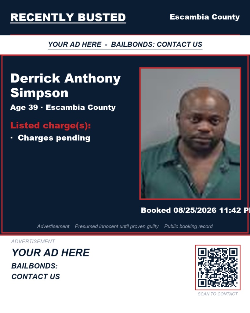 Derrick Anthony Simpson — arrest record card, Escambia County, Florida