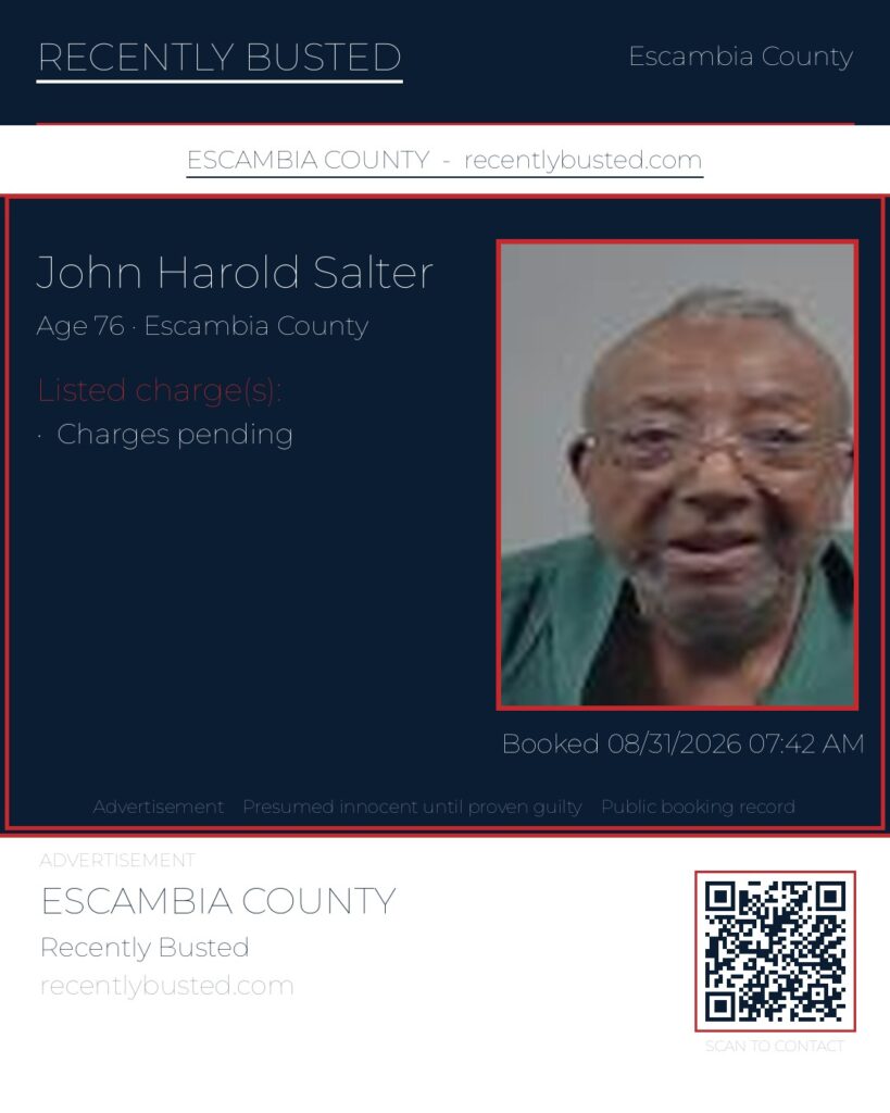 John Harold Salter — arrest record card, Escambia County, Florida