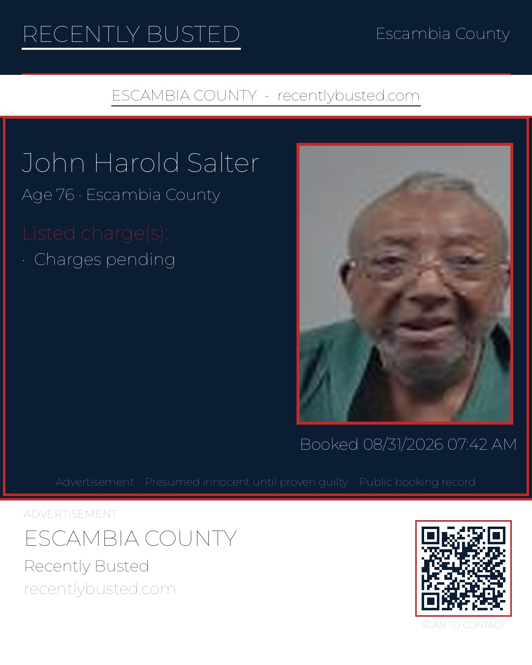 John Harold Salter — arrest record card, Escambia County, Florida