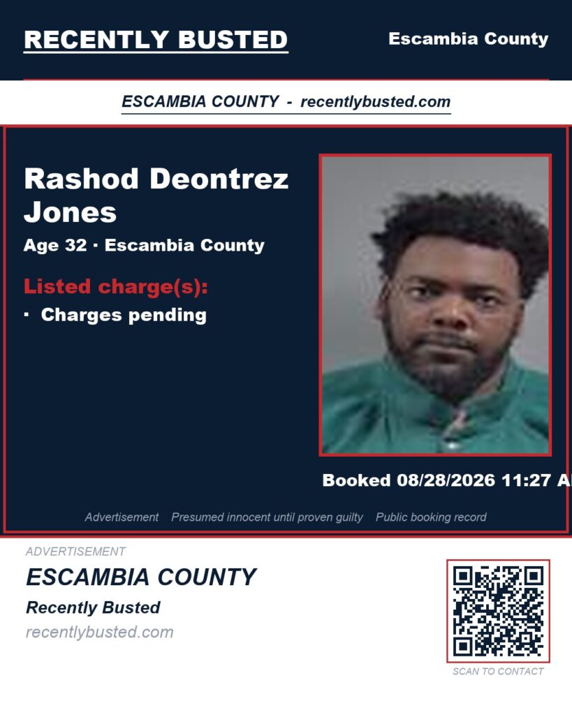 Rashod Deontrez Jones — arrest record card, Escambia County, Florida