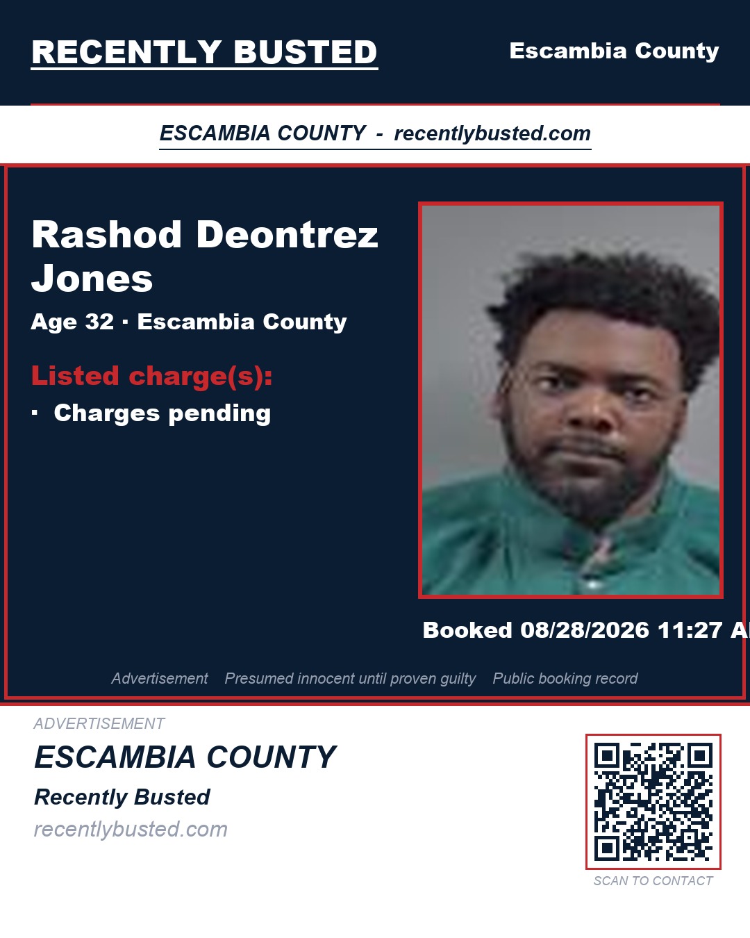 Rashod Deontrez Jones — arrest record card, Escambia County, Florida