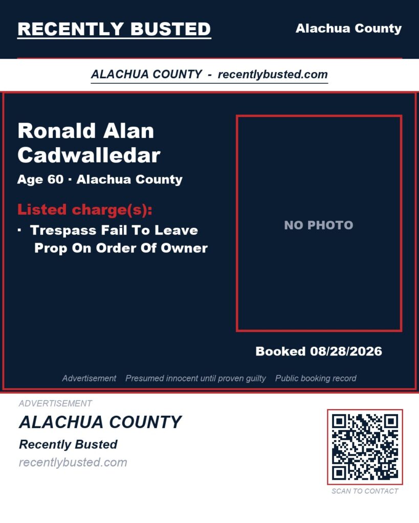 Ronald Alan Cadwalledar — arrest record card, Alachua County, Florida