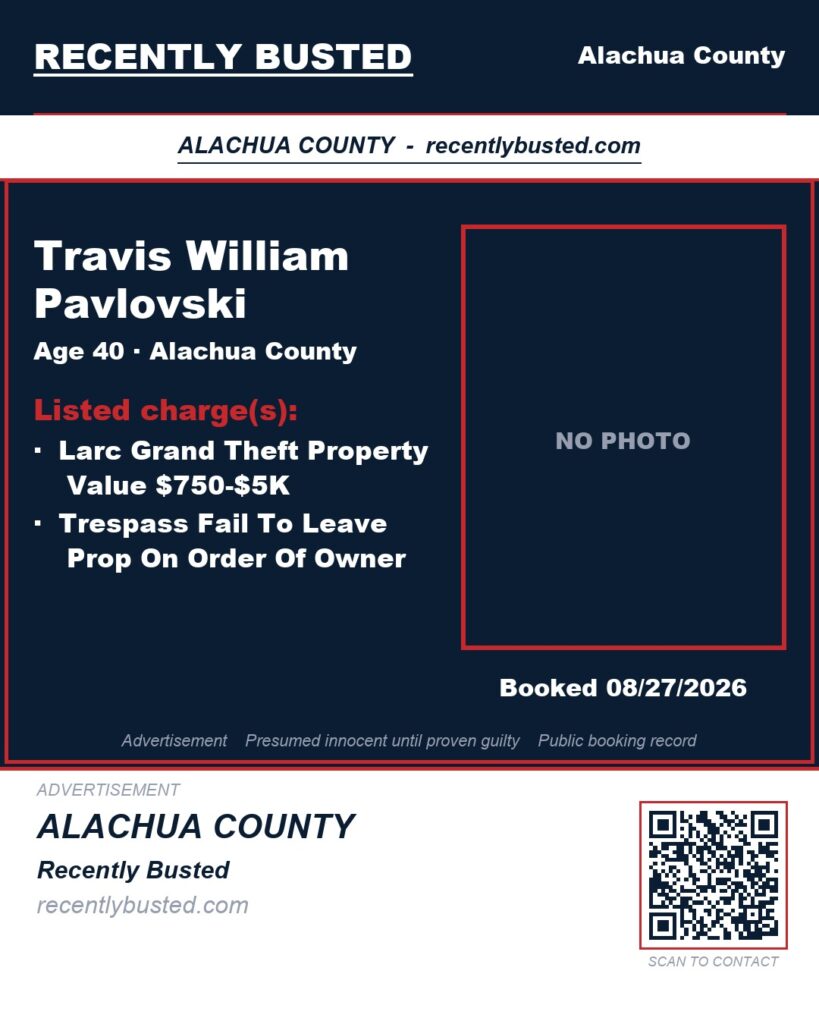 Travis William Pavlovski — arrest record card, Alachua County, Florida
