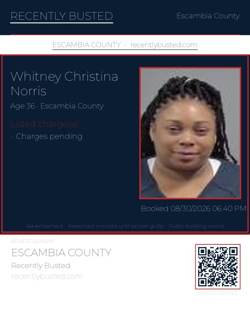 Whitney Christina Norris — arrest record card, Escambia County, Florida