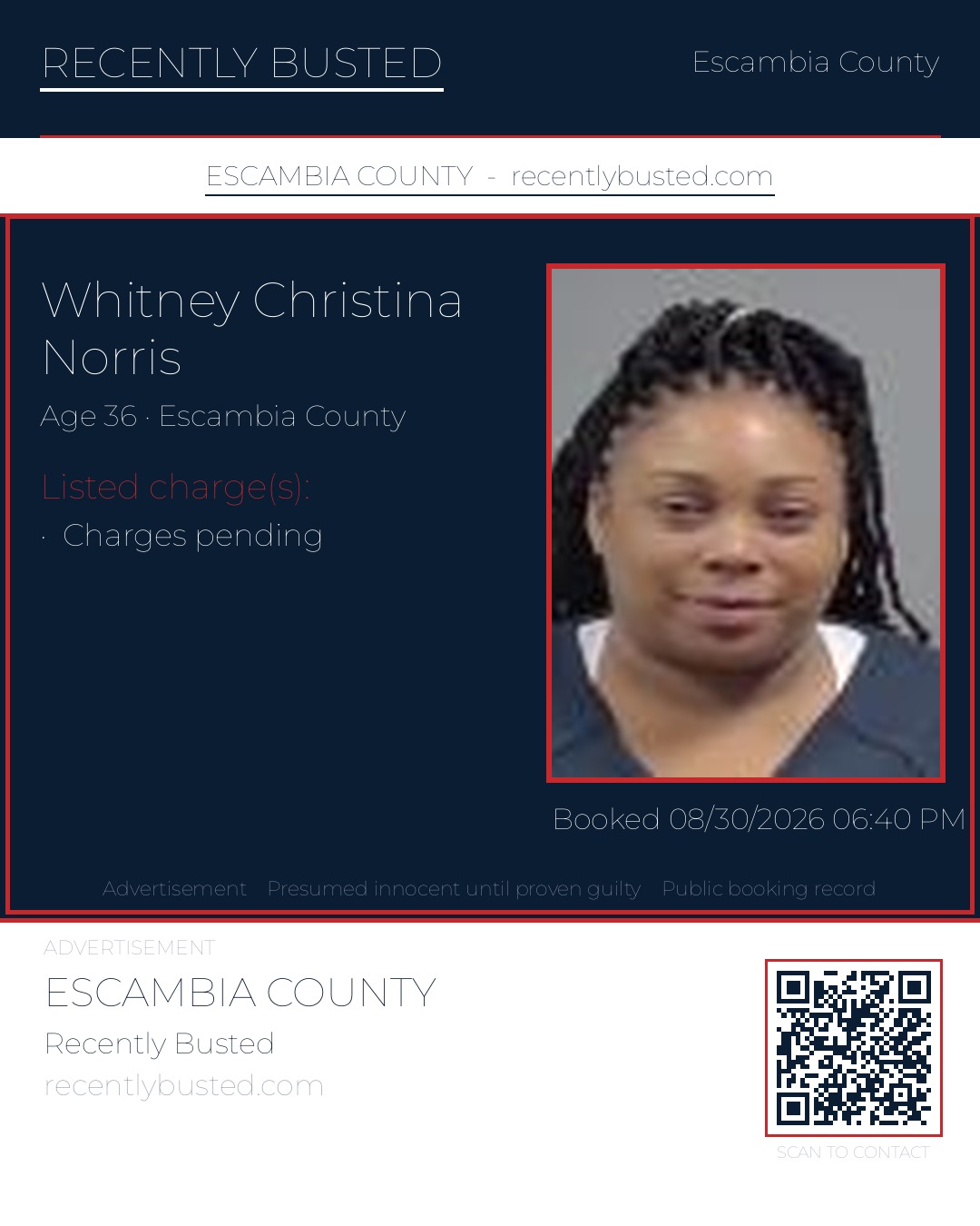 Whitney Christina Norris — arrest record card, Escambia County, Florida
