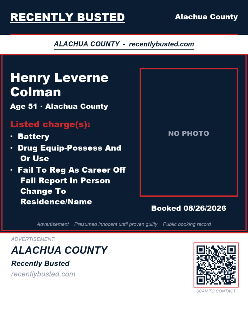 Henry Leverne Colman — arrest record card, Alachua County, Florida