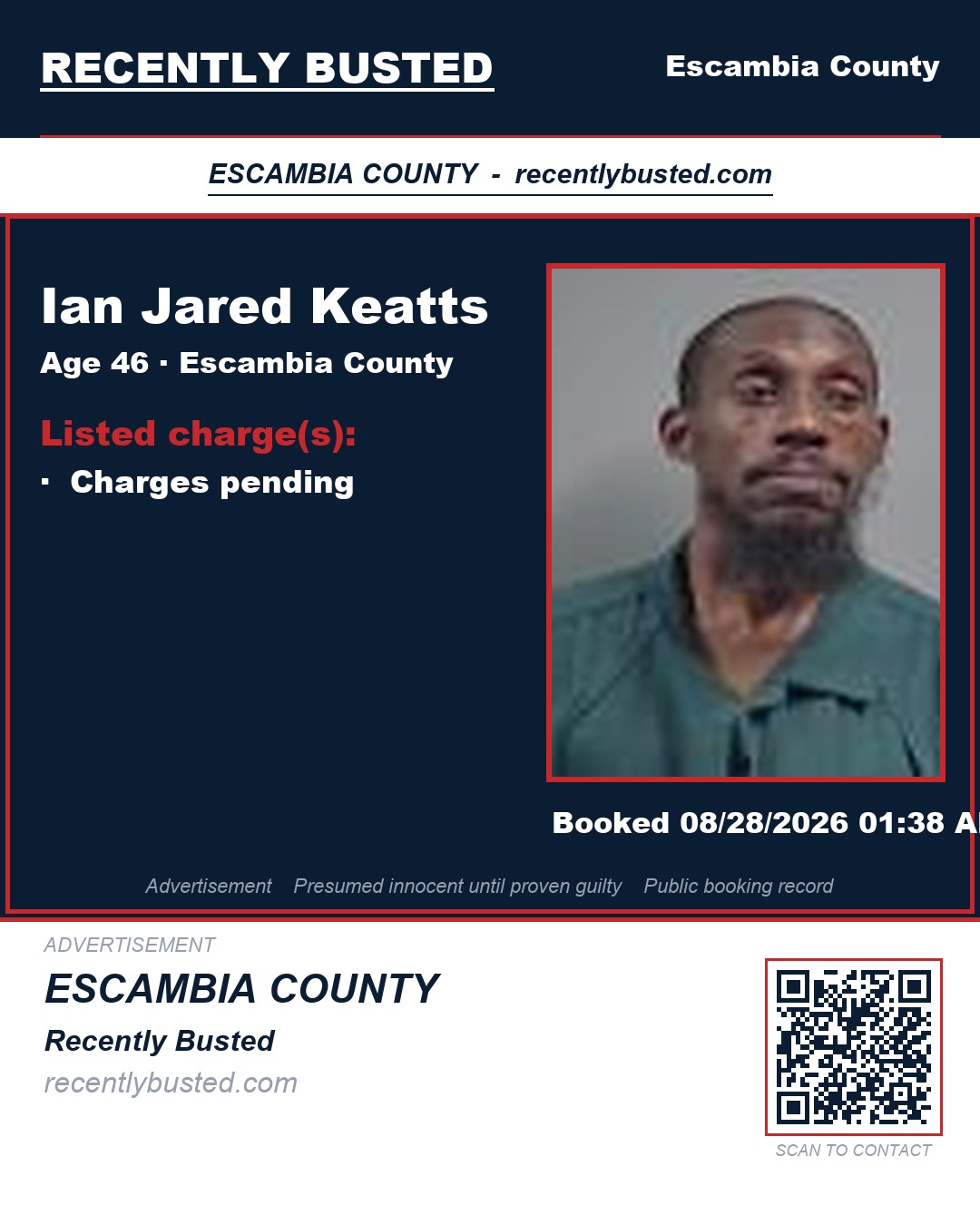 Ian Jared Keatts — arrest record card, Escambia County, Florida