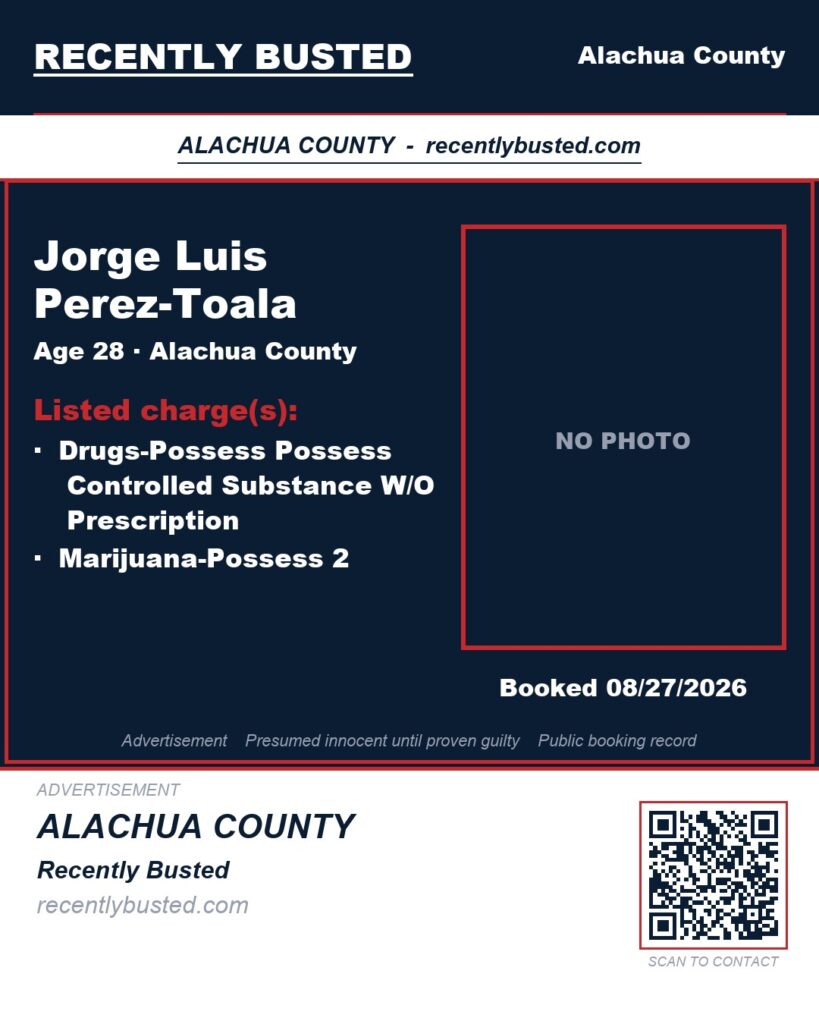 Jorge Luis Perez-Toala — arrest record card, Alachua County, Florida