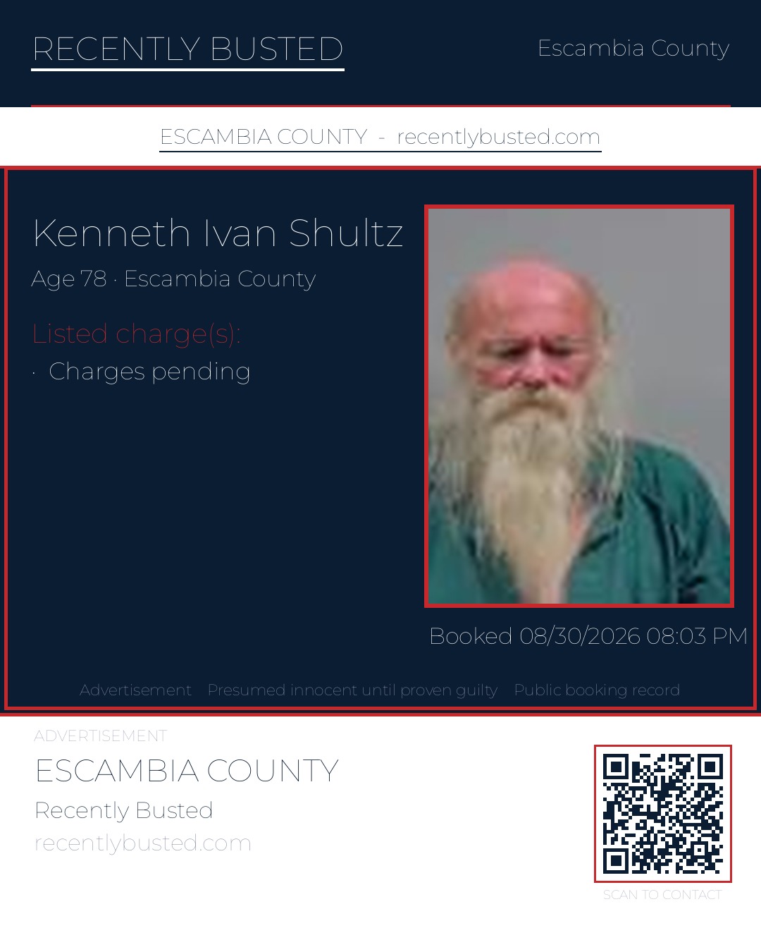 Kenneth Ivan Shultz — arrest record card, Escambia County, Florida