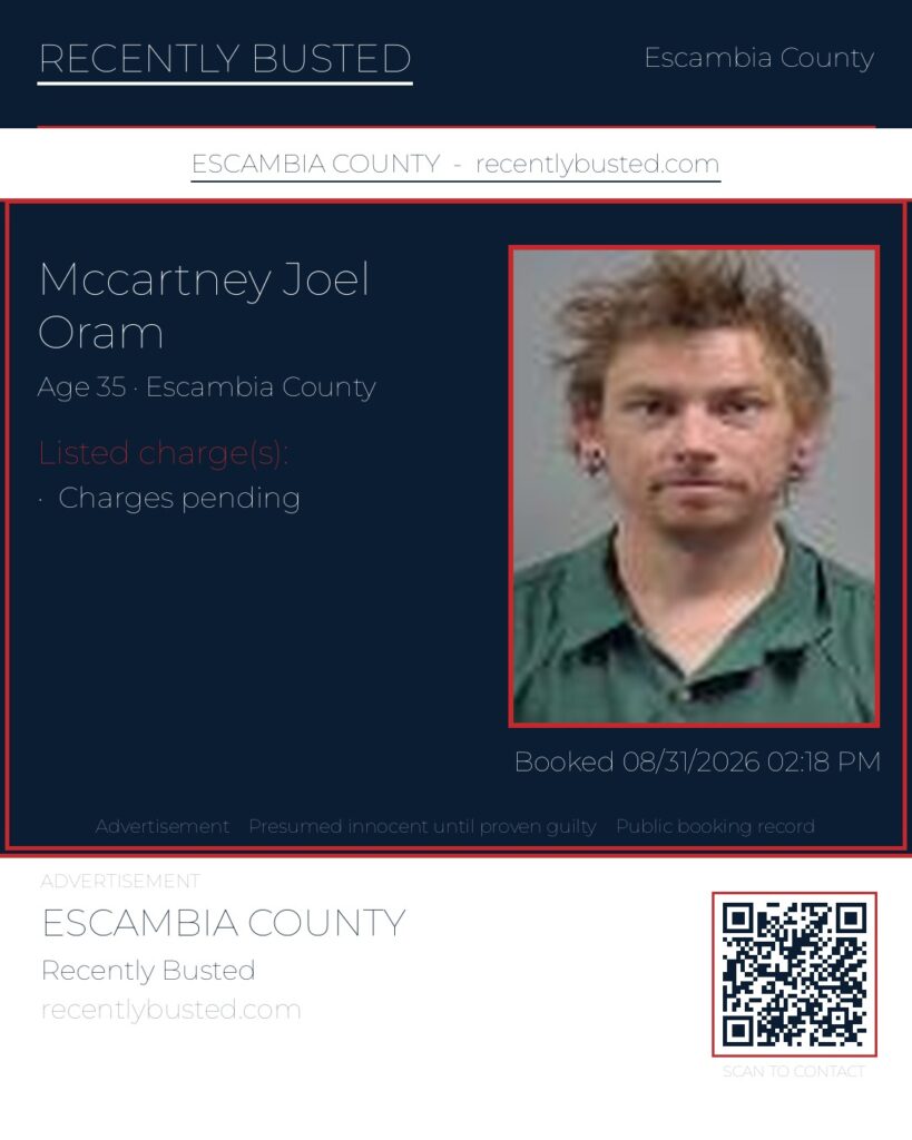 Mccartney Joel Oram — arrest record card, Escambia County, Florida