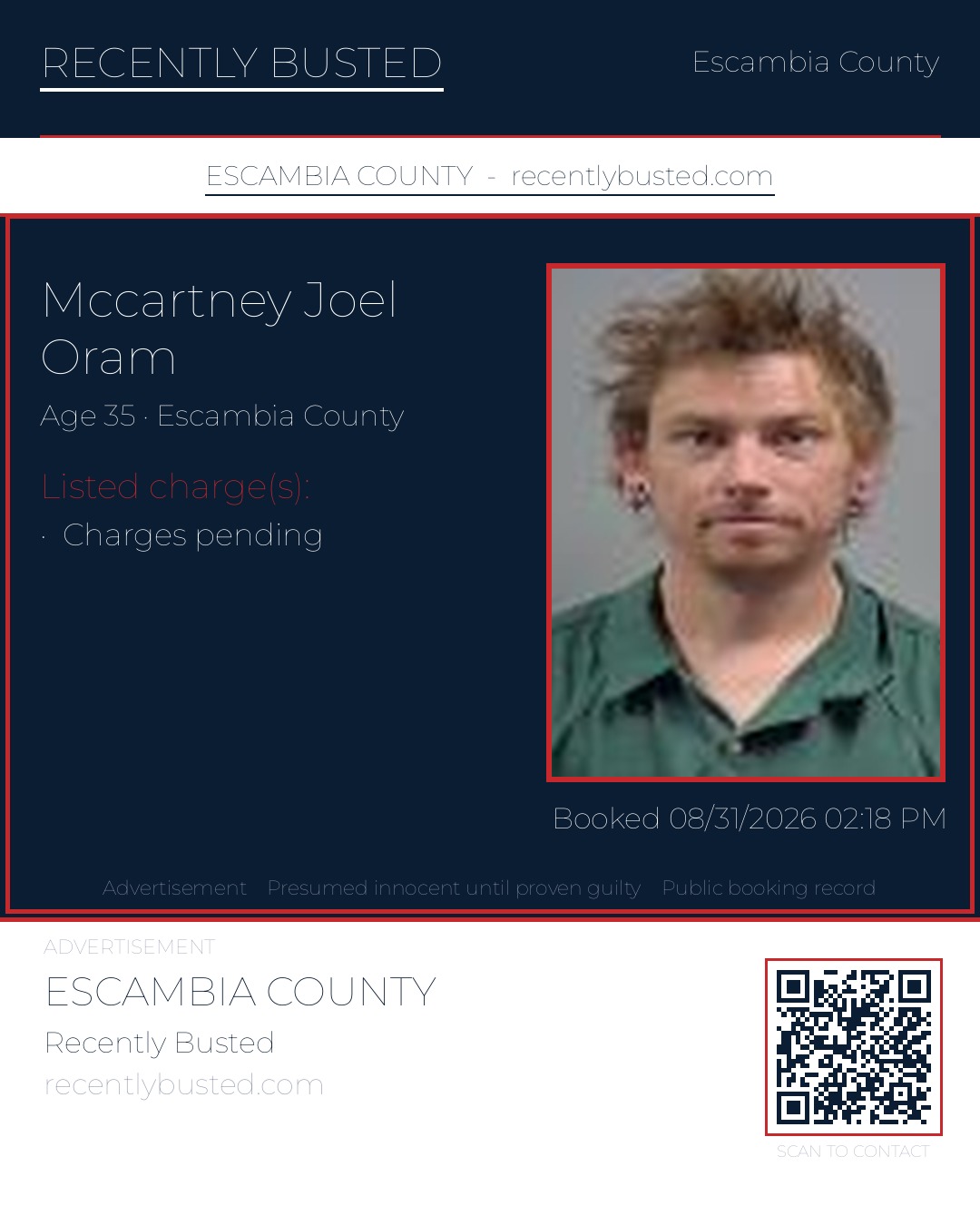 Mccartney Joel Oram — arrest record card, Escambia County, Florida