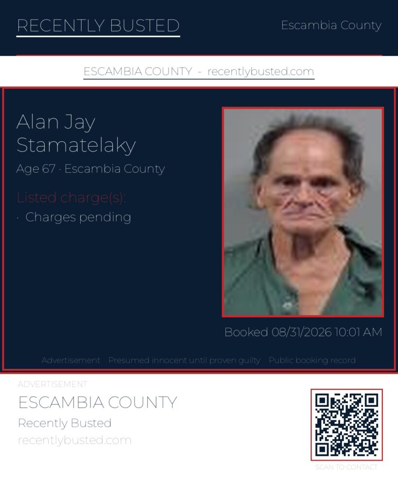 Alan Jay Stamatelaky — arrest record card, Escambia County, Florida