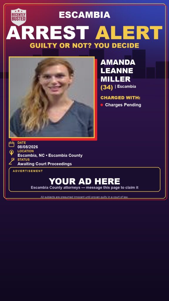 Amanda Leanne Miller — arrest record card, Escambia County, Florida