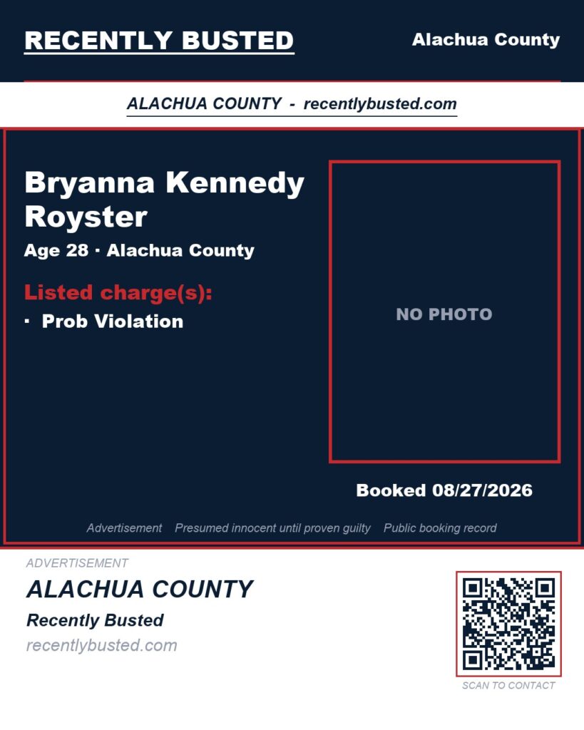 Bryanna Kennedy Royster — arrest record card, Alachua County, Florida