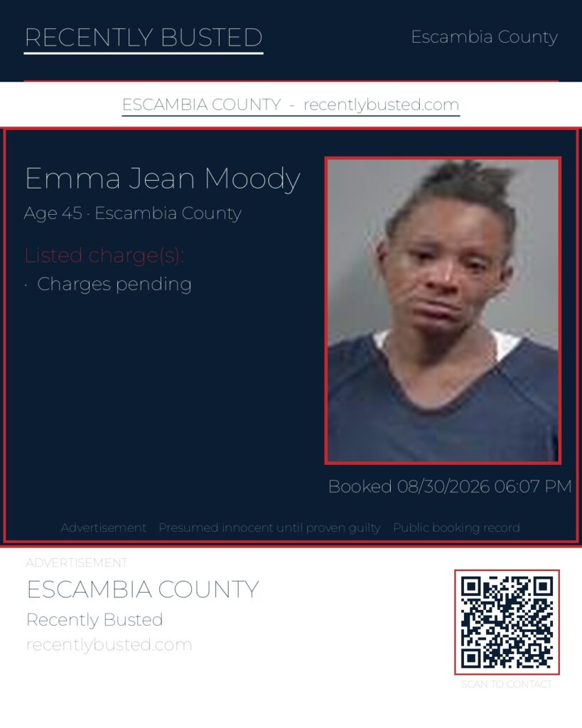 Emma Jean Moody — arrest record card, Escambia County, Florida