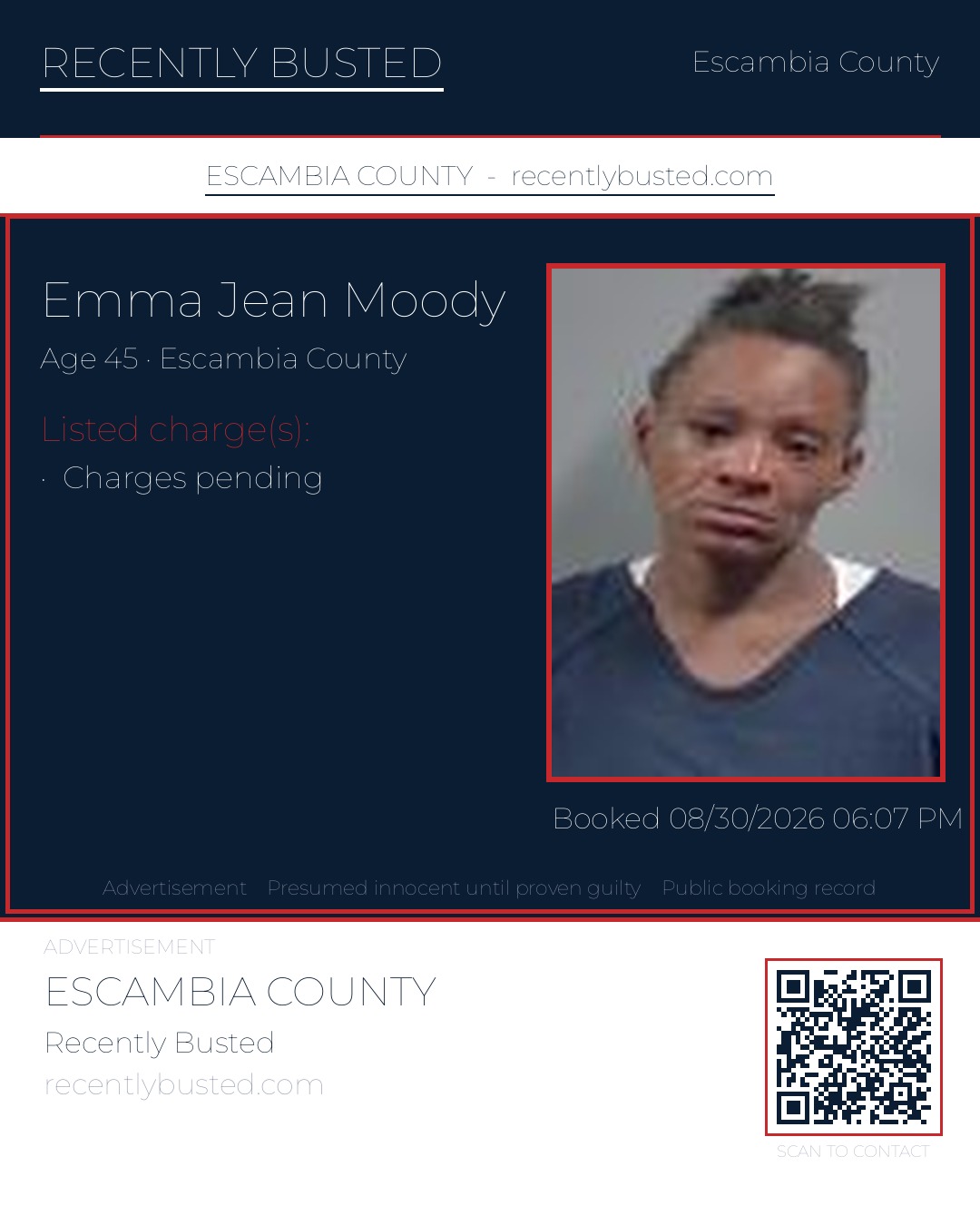 Emma Jean Moody — arrest record card, Escambia County, Florida