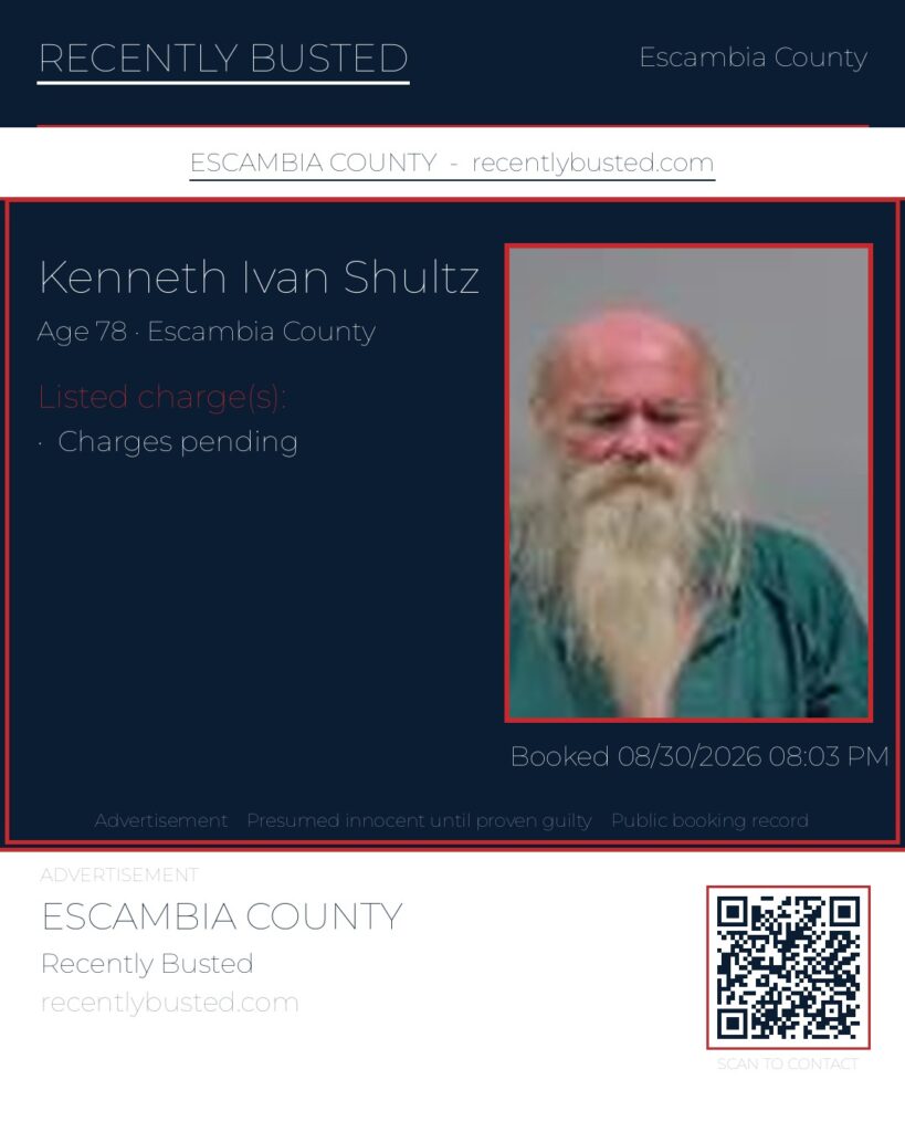 Kenneth Ivan Shultz — arrest record card, Escambia County, Florida