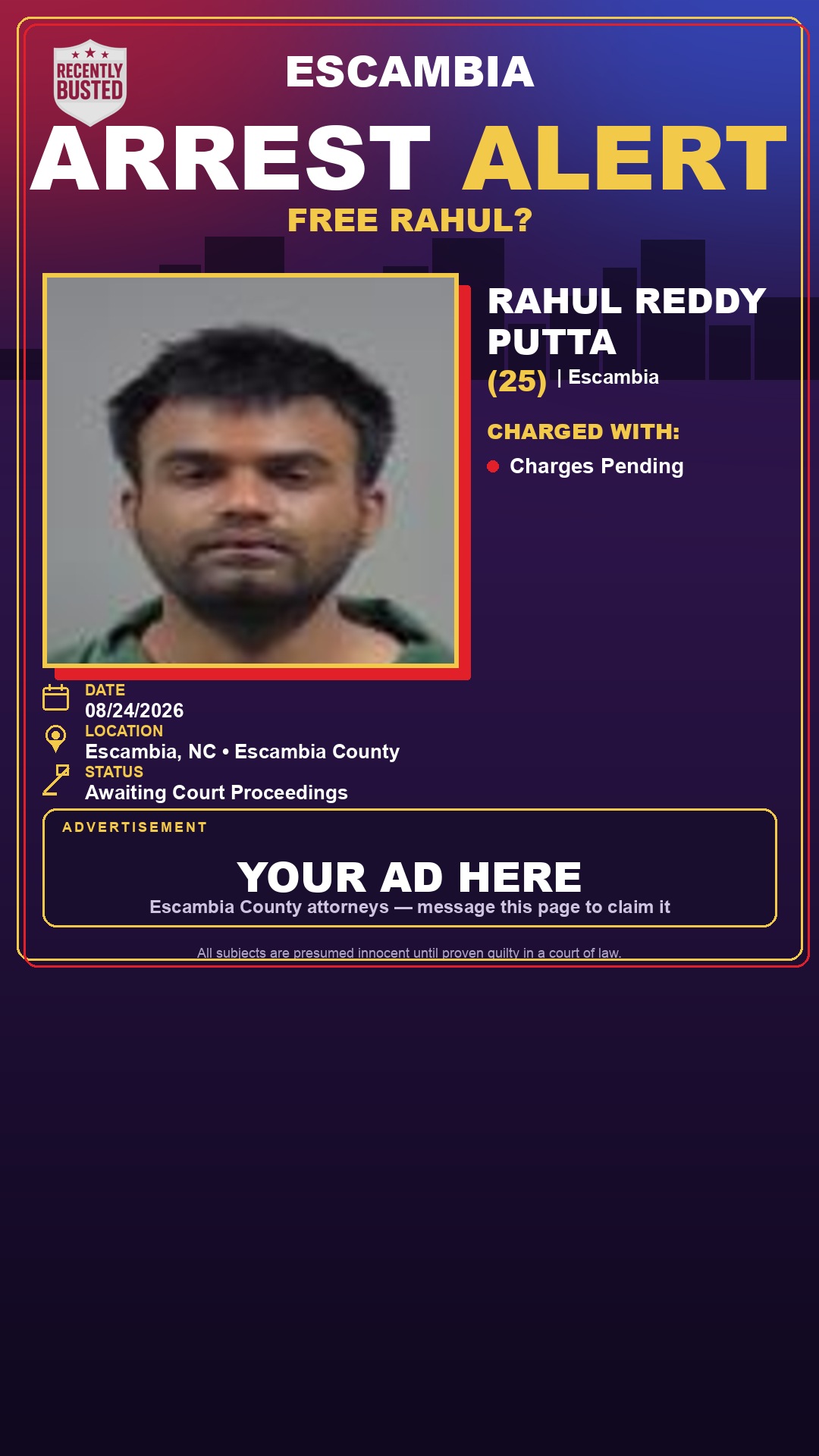 Arrest report - Rahul Reddy Putta