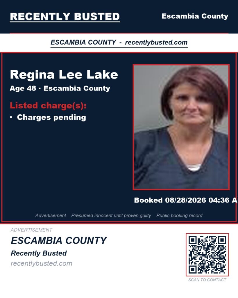 Regina Lee Lake — arrest record card, Escambia County, Florida