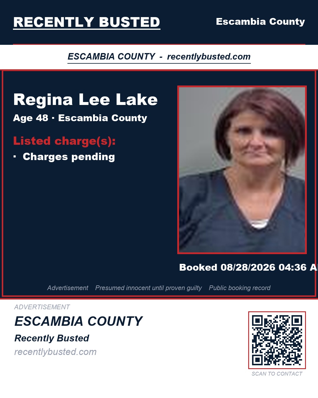 Regina Lee Lake — arrest record card, Escambia County, Florida