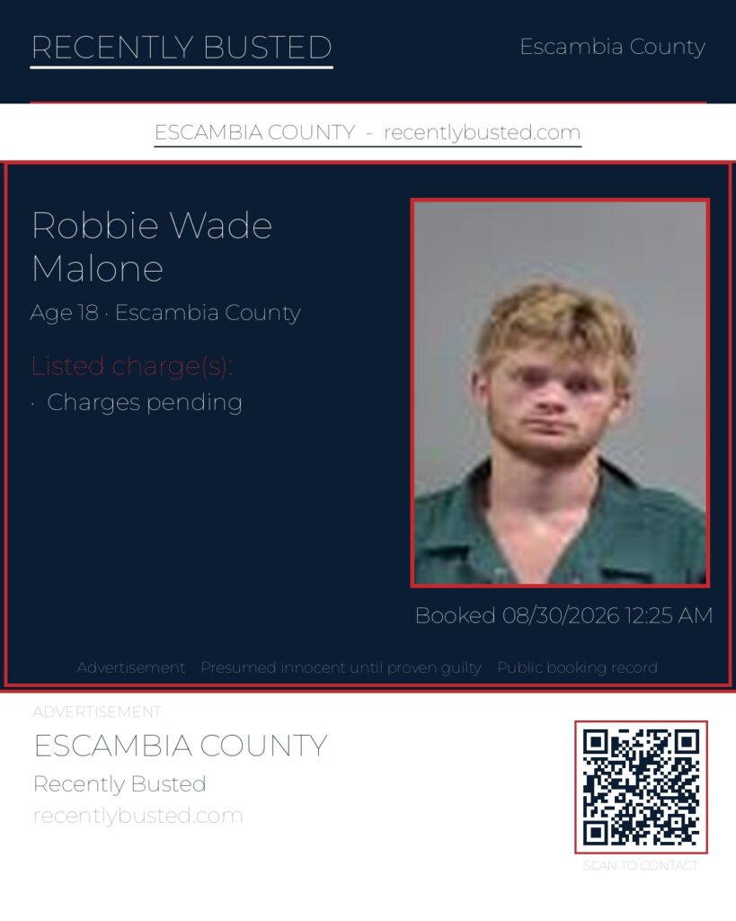 Robbie Wade Malone — arrest record card, Escambia County, Florida