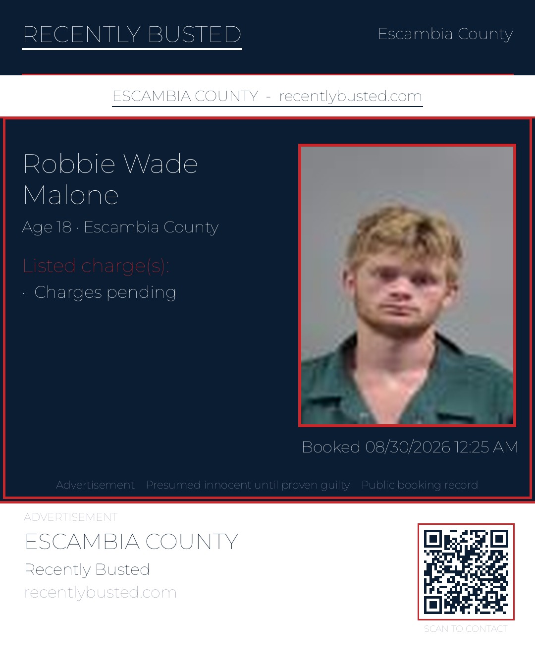 Robbie Wade Malone — arrest record card, Escambia County, Florida