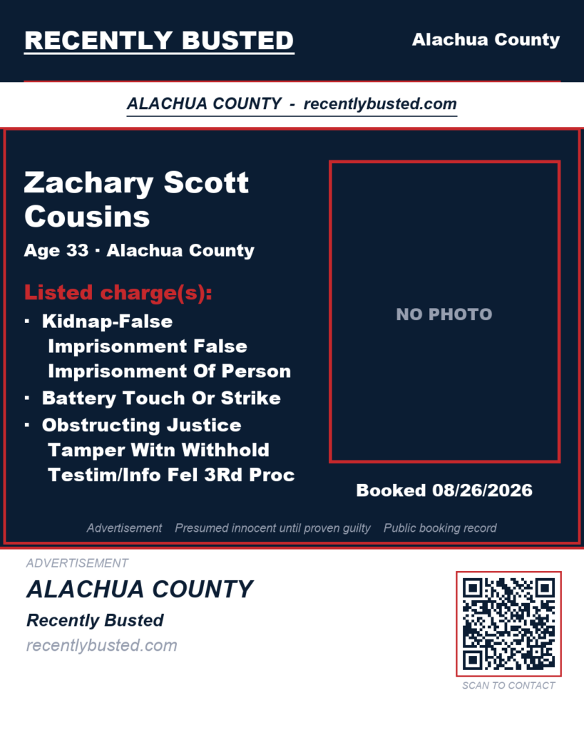 Zachary Scott Cousins — arrest record card, Alachua County, Florida