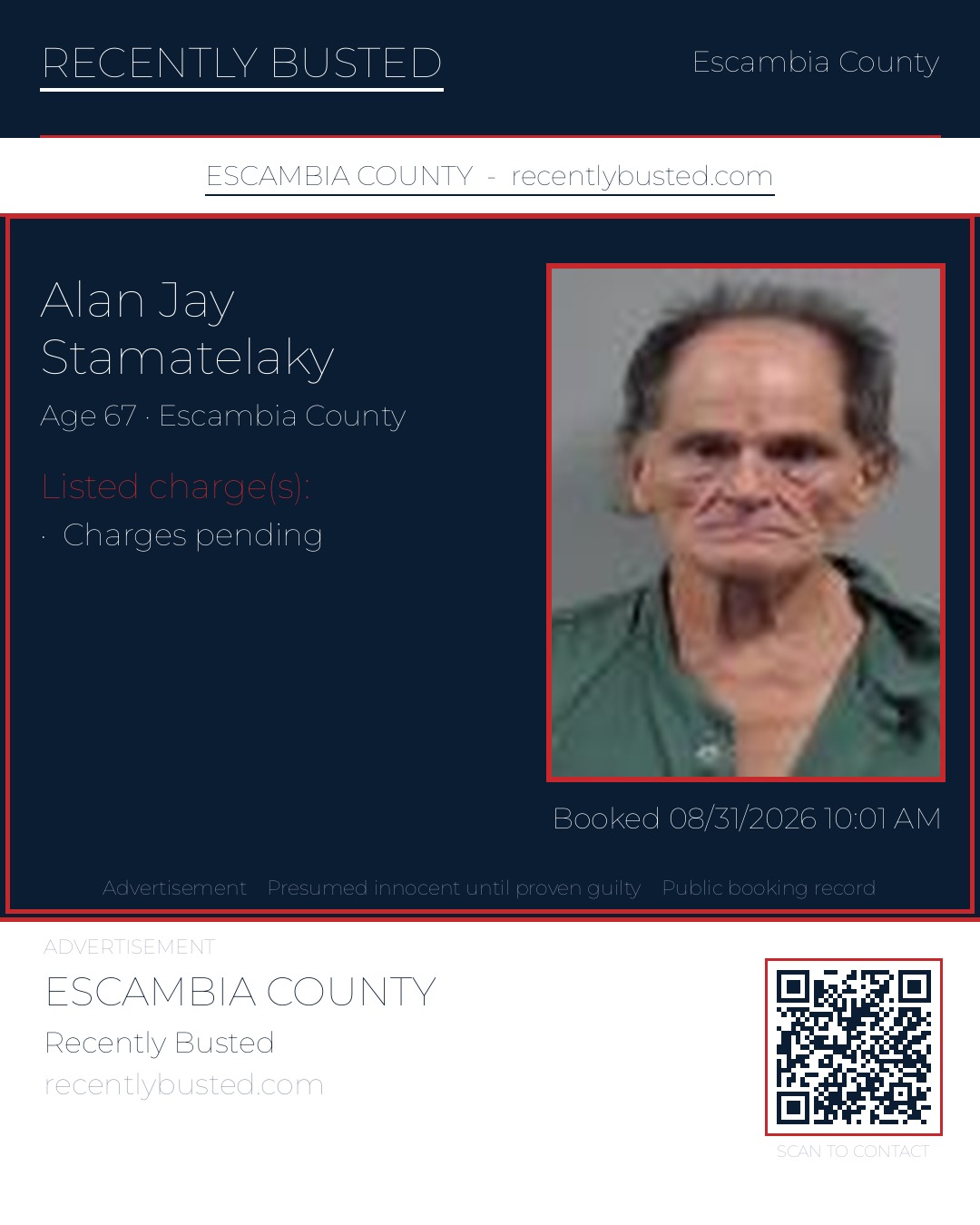 Alan Jay Stamatelaky — arrest record card, Escambia County, Florida