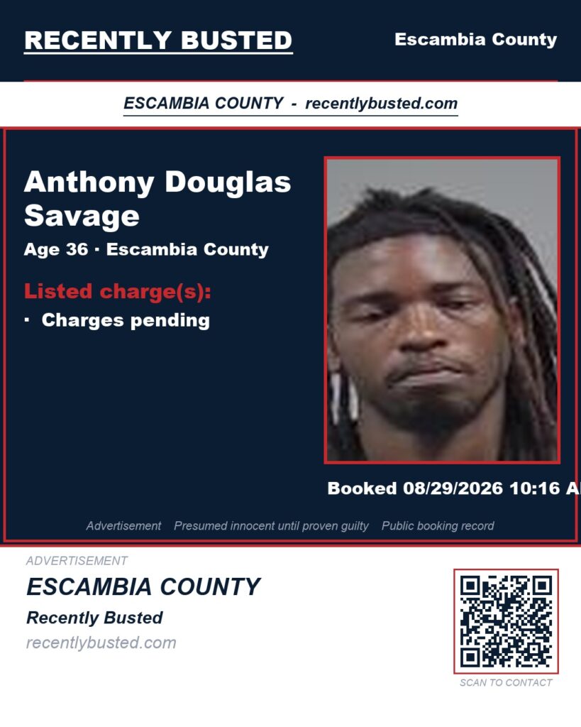 Anthony Douglas Savage — arrest record card, Escambia County, Florida