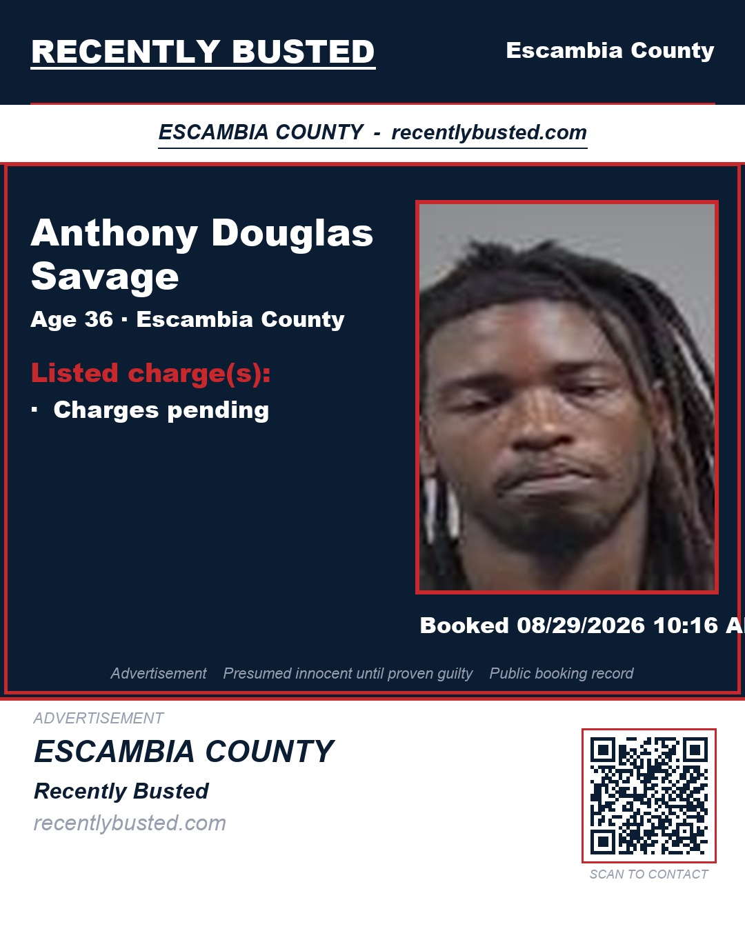 Anthony Douglas Savage — arrest record card, Escambia County, Florida