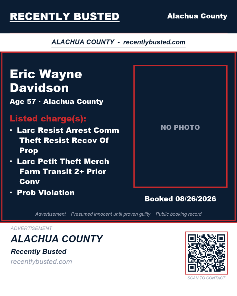 Eric Wayne Davidson — arrest record card, Alachua County, Florida