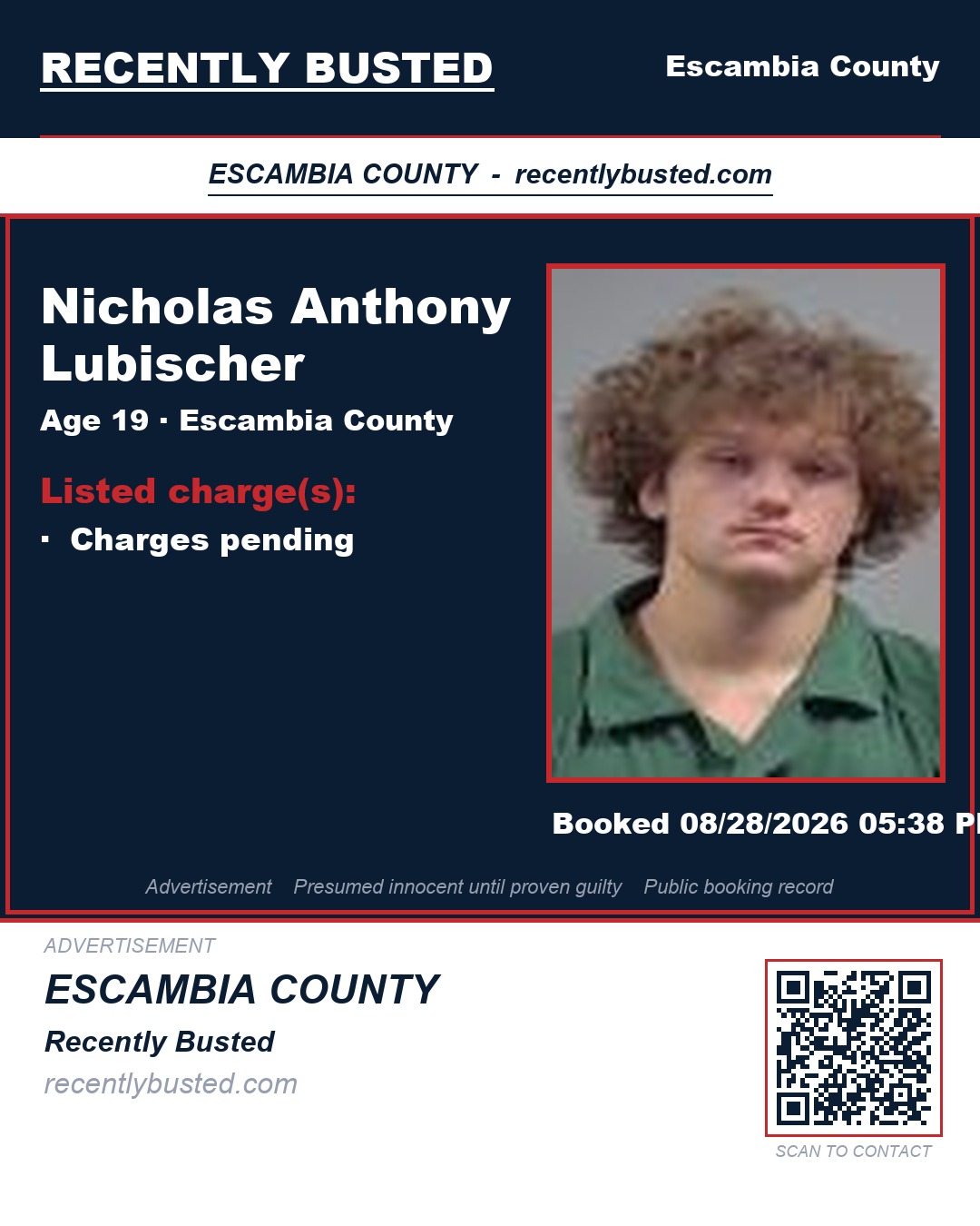 Nicholas Anthony Lubischer — arrest record card, Escambia County, Florida