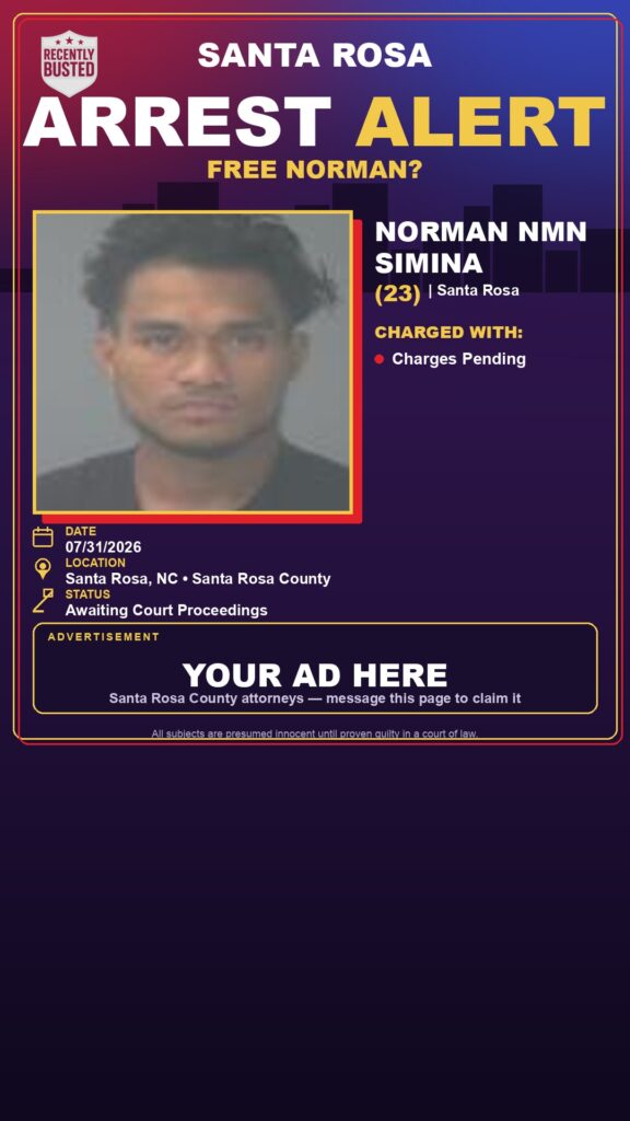 Norman Nmn Simina — arrest record card, Santa Rosa County, Florida