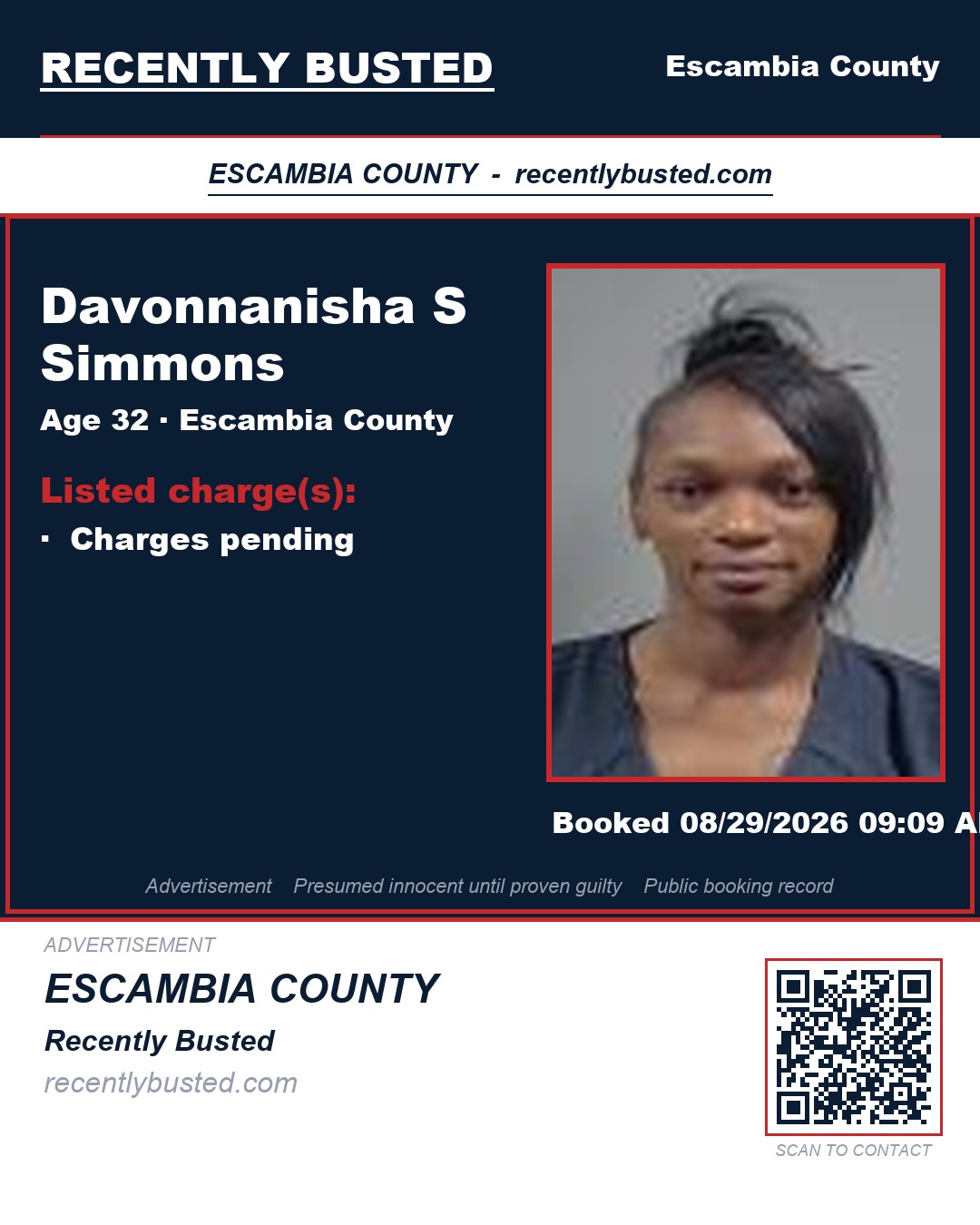 Davonnanisha S Simmons — arrest record card, Escambia County, Florida