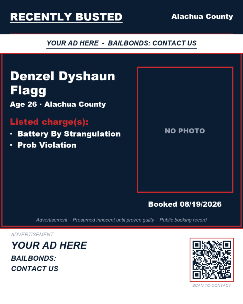Denzel Dyshaun Flagg — arrest record card, Alachua County, Florida