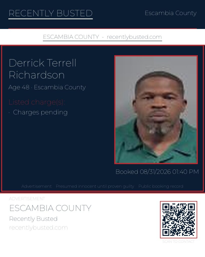 Derrick Terrell Richardson — arrest record card, Escambia County, Florida